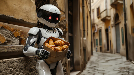 Robot holding croissants in narrow street setting generated with AI