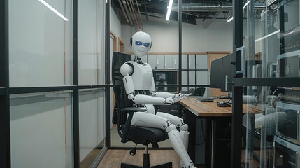 Robot Sitting at Office Desk in Modern Workplace generated with AI