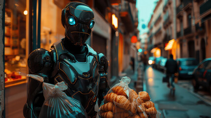 Robot carrying groceries on a city street generated with AI