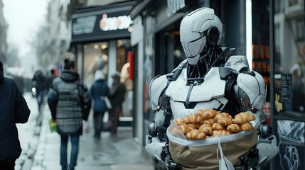 Robot carrying croissants on a rainy street generated with AI