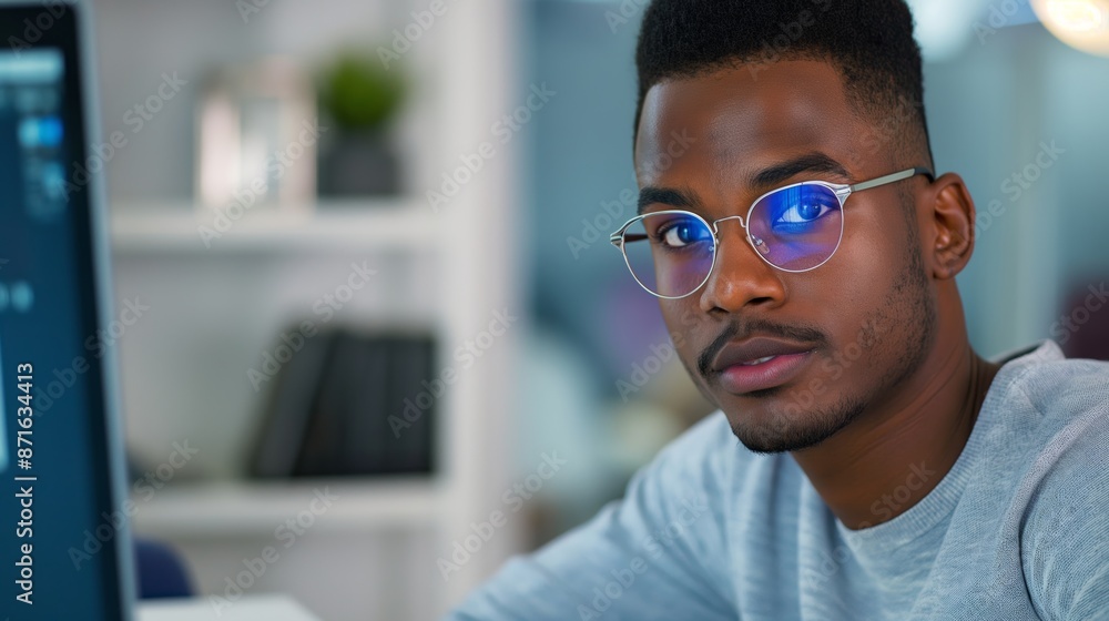Aufkleber a man wearing glasses is sitting in front of a computer monitor. he is looking directly at the camer