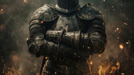 Fototapeta premium Arms folded in front of him in chainmail and protective metal knight suit