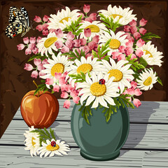 Bouquet with daisies in a vase.Vector illustration with daisies in a vase on a wooden tabletop and on a colored background.