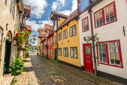 Picturesque historic street in the old town of Flensburg, Germany