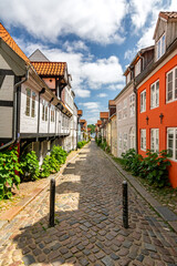 Historic street in the old town of Flensburg, Germany