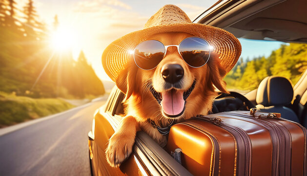 Close-up of a cute happy dog ​​wearing sun hat and sunglasses looking at camera, with suitcase ​​goes on a car trip. Pets and vacation trips concept. Generative Ai.