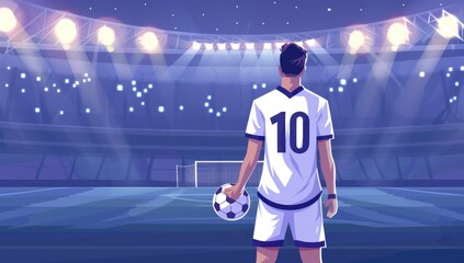 Soccer player in white jersey with number 10 stands at the field under stadium lights, ready for action. Generative ai