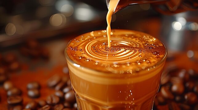 Detailed shot of milk being poured into espresso, focusing on the swirl and the mixing patterns. Warm tones and soft shadows accentuate the blending process.