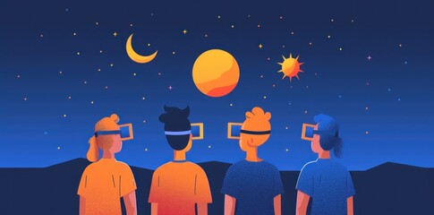 Three Friends Experience a Cosmic Event Through Virtual Reality Glasses, Generative ai