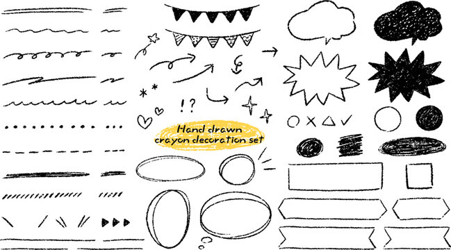 Crayon or colored pencil decorations, ornamental borders, embellishments, cute hand-drawn illustration set / クレヨンや色鉛筆の装飾や飾り罫、あしらい、かわいい手描きのイラストセット