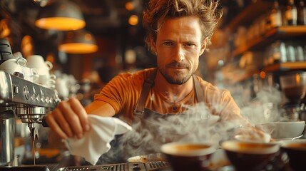 Detailed view of a barista wiping the steam wand with a cloth, capturing the precise hand movements and the texture of the cloth and steam wand. Warm, soft lighting creating a cozy atmosphere,