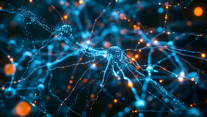 Fototapeta premium Blue neurons glowing white and orange particles background Biological Cells Research Concept