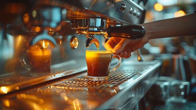 Detailed view of a barista pressing the brew button, capturing the precise hand movements and the button's design. Warm, soft lighting creating a cozy atmosphere,