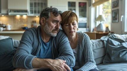 Depressed, angry senior couple argue on couch, split, infidelity, and stress. Violence, mental illness, home, and separation with crisis or retirement