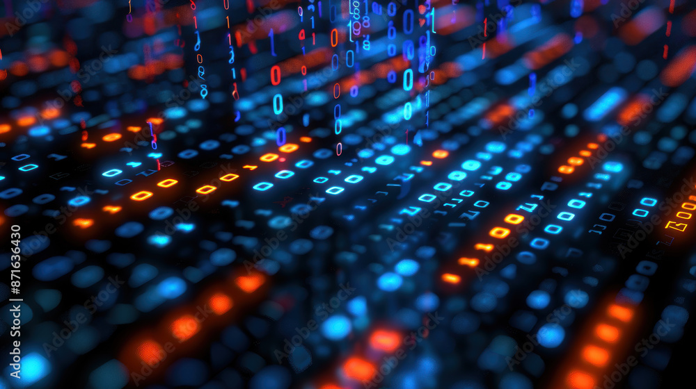 Poster a computer screen with a lot of numbers and a blue and orange background