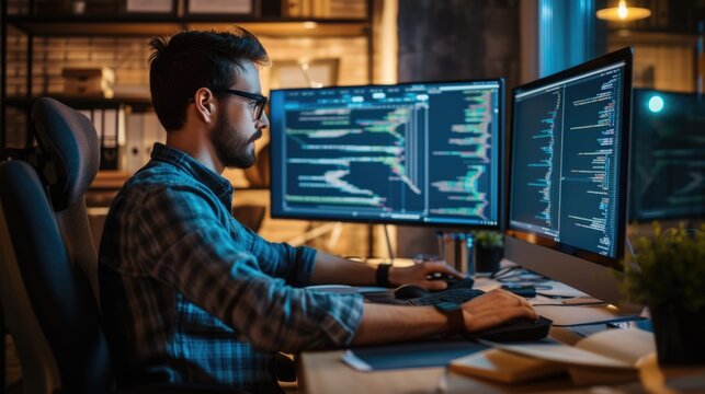 A software developer works on code late into the night, illuminated by the glow of multiple computer screens in a modern office. AIG41