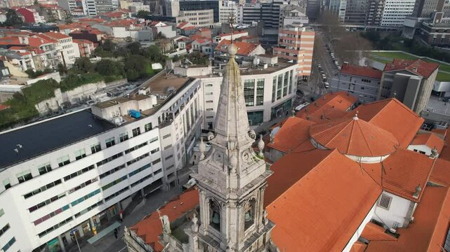 Aerial circle view of the Trindade Church, Holy Trinity Church in Porto city center