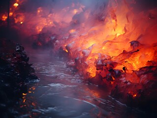 Fototapeta premium An undulating stream with dark and dirty water and solidifying lava with fire flowing into it