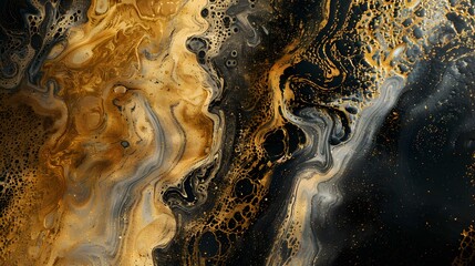 Golden gradient streaks of liquid expensive acrylic paint on a black background