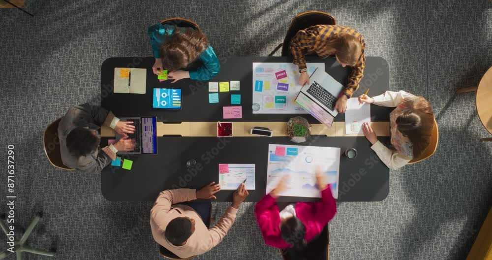 Poster top down view in timelapse: diverse team of professionals in a corporate office space brainstorming 