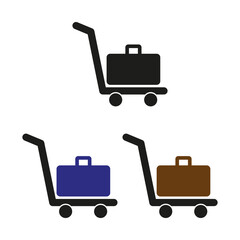 Luggage cart vector. Black, blue, brown suitcases. Simple icon set. Travel baggage symbols.