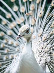 Fototapeta premium White Peacock (Close-up), Beautiful white bird feathers. Amazing white peacock beauty of a wild animals.