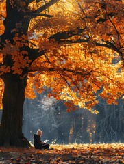 A person reading a book under a tree with fall colors, ample copy space