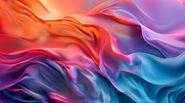 Silk fabric in gradient orange, red, purple and blue colors with folds, waves, shadows and reflections of light