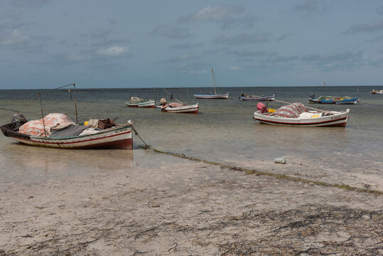 Kerkennah Islands Tunisia. June 4th 2024.Fishing boats moored in the Kerkennah Archipeligo in the Gulf of Gabes in the Mediterranean Sea, Tunisia, North Africa. .
