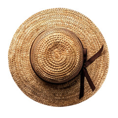 Top View of a Classic Straw Hat with Brown Ribbon
