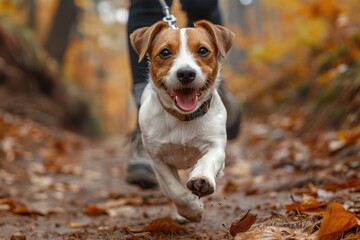 A joyful dog is shown running energetically along a path covered in autumn leaves, with the handler's legs visible in the background, suggesting a leisurely walk in nature.