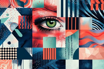 Surreal face with bold geometric patterns vibrant colors and an expressive eye