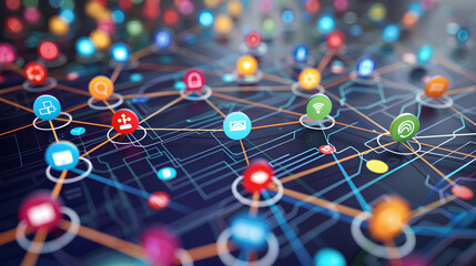 growing network of connected colorful technology media icons and nodes moving
