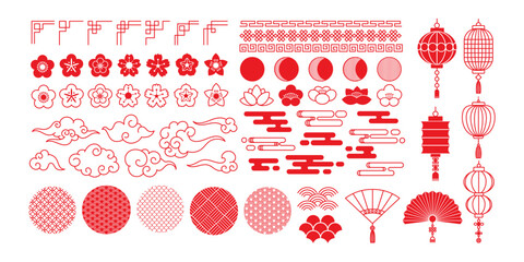 Chinese new year elements. Traditional oriental ornaments. China festival, new year celebrations. Asian festive flowers, clouds, ornaments, lantern. Lunar vector symbols set © Foxy Fox