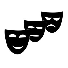 Trois masque de scène, un souriant, un normal et un triste sur fond blanc
