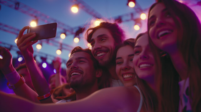 A group of friends taking a selfie at an outdoor music festival at dusk, vibrant stage lights in the background.