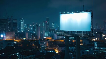 Blank billboard on a high-rise rooftop at night, showcasing your brand against a city skyline