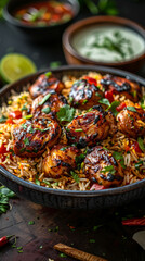 Fototapeta premium Flavorful Chicken Biryani with Grilled Pieces, Herbs, and Spices in a Dark Rustic Setting, Gourmet Indian Cuisine, Ideal for Food Lovers and Culinary Enthusiasts