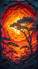 A paper-cut savannah with acacia trees, wild animals, and a dramatic sunset with warm, layered colors.