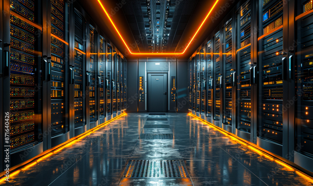 Poster high-tech data center corridor with rack servers and supercomputers illuminated by neon lights, inte