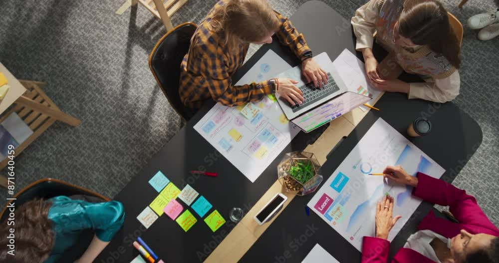 Poster From Close Up On Hands Of Young Colleagues Working With Laptop And Mindmap To Zoom Out Top Down View Of Conference Table With Diverse Coworkers Discussing Strategies In A Corporate Office Of Startup