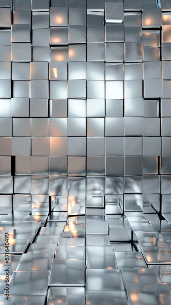 Aufkleber luxurious silver polished 3d tiles creating square wall abstract background with reflective surface