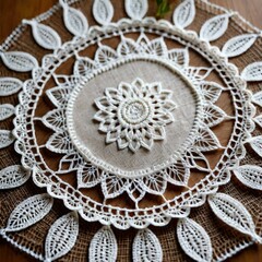 A white lace doily with a flower design sits on a wooden table