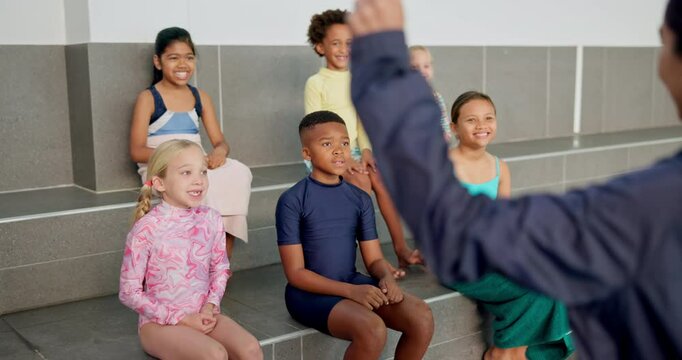 Swimming, woman teacher and children at pool academy for growth development, learning or safety rules. Diversity, instructor and young kids in swimsuit for education, training or information