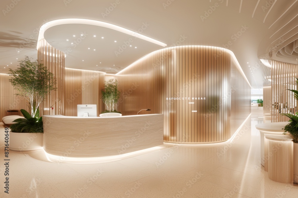 Poster modern minimalist interior with soft lighting and curved architectural elements creating an elegant 