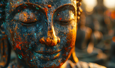 Serene Buddha Face Illuminated by Soft Spiritual Sun Rays at Sunset - Close-Up Shot Depicting Tranquility and Spirituality in Buddhist Religion Concept