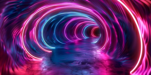 Mesmerizing Neon Light Tunnel with Swirling Patterns for Entertainment and Product Concept