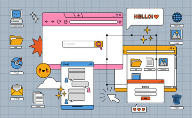 Vaporwave digital screen. 90s old style aesthetics user interface. Retro personal computer screen icons, elements. Desktop objects in y2k style. Vector illustration