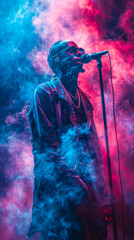 Obraz premium Dynamic Rap Artist Performing Live on Stage with Vibrant Pink and Blue Smoke Effects at Night Hip Hop Concert