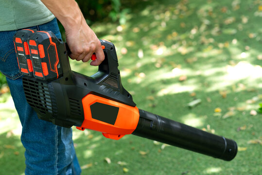 Cordless Leaf Blowers. handheld, cordless, electric leaf blower in a garden, selective focus. Autumn, fall gardening works in a backyard, on a lawn, grass. Garden works.	